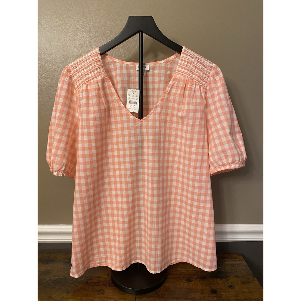 J. Crew Women's Smocked Cotton V-Neck Shirt Top Blouse XL Pink Peach Gingham NWT